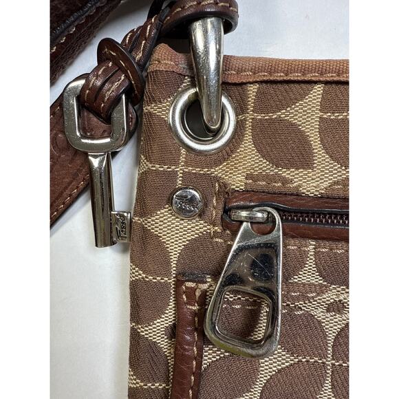 Fossil Signature Marlow Crossbody Bag Brown Floral Leather Trim Fabric 8.5"x9" - Picture 3 of 13